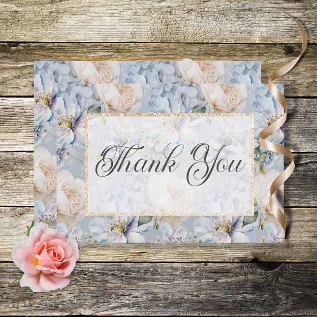 Blue & White Rustic Floral Gold Frame Wedding Thank You Card (Creator Uploaded)