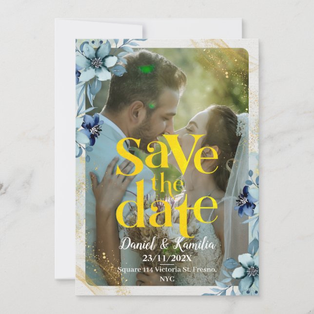 Blue & White Rustic Floral Photo Save the Date (Front)