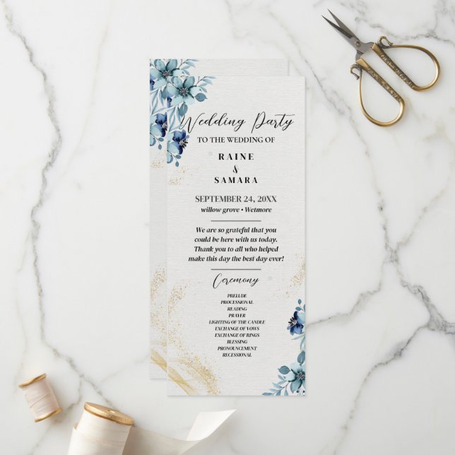 Blue & White Rustic Floral Wedding Party Programme (Devant/Arrière en situation)