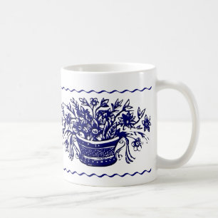 Blue White Rustic Flower Basket and Border Mug