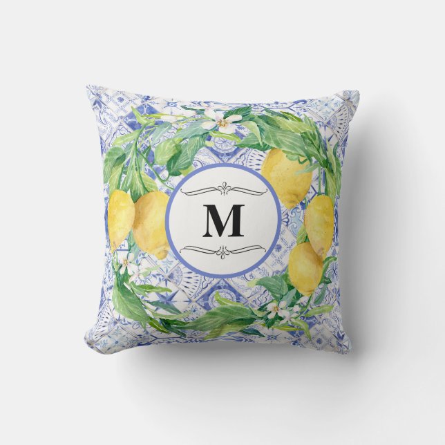Blue White Rustic Lemon Greenery Wreath Monogram Throw Pillow (Front)