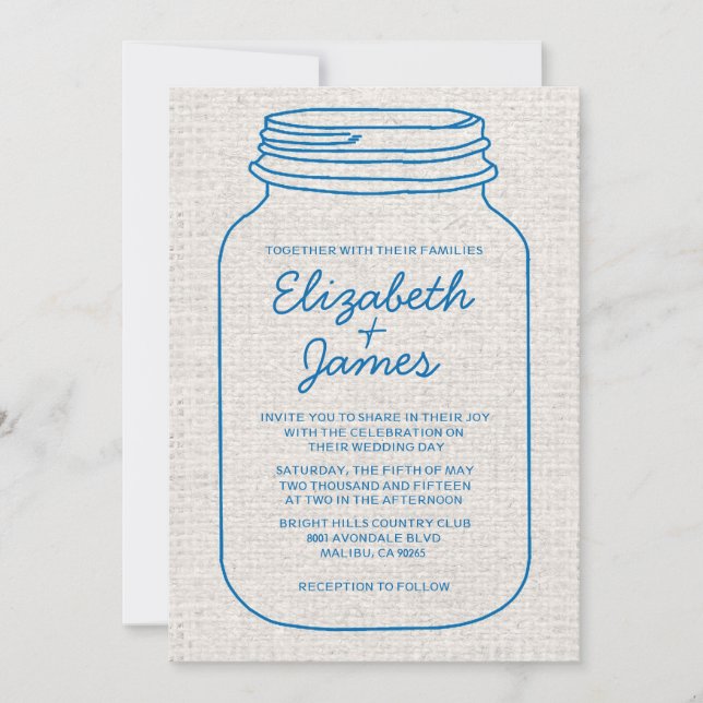 Blue & White Rustic Mason Jar Wedding Invitations (Front)