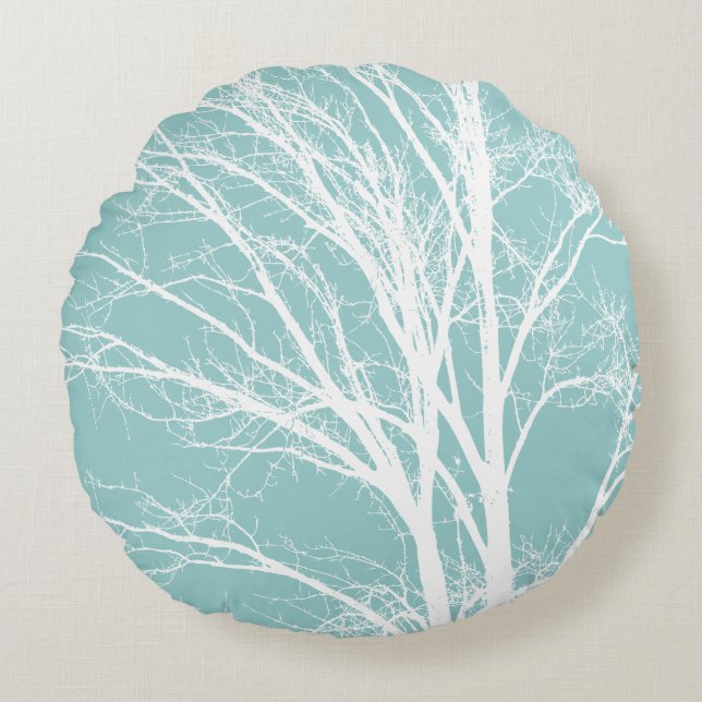 Blue White Rustic Tree Branches Round Pillow (Front)