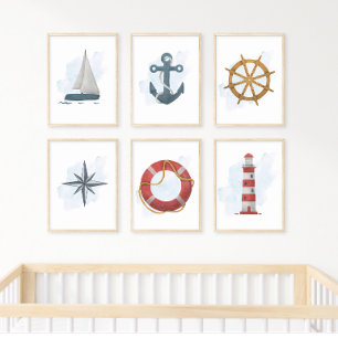Blue White Sailboat Nautical Ocean Theme Poster