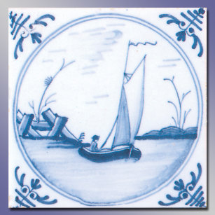 Blue White Sailboat Vintage Delft Art Tile