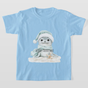 Blue White Santa Hat Scarf Seal Christmas T-Shirt