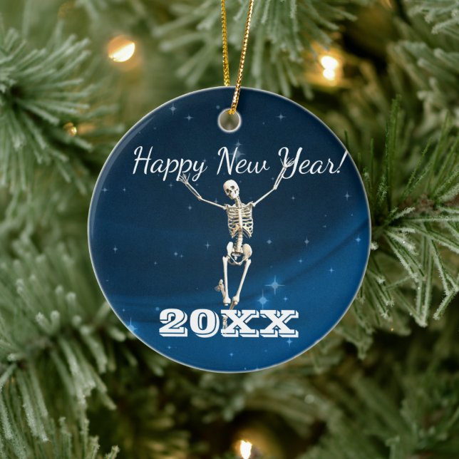 Blue & White Santa Skeleton "Christmas 20xx" Ceram Ceramic Ornament (Tree)