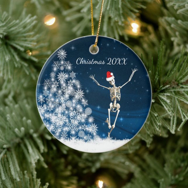 Blue & White Santa Skeleton "Christmas 20xx" Ceramic Ornament (Tree)