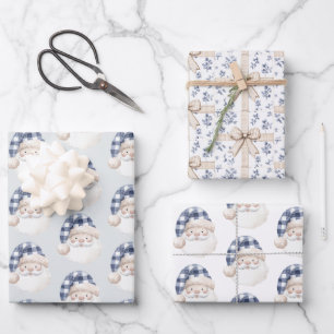 Blue White Santa with Hat Christmas Gifts Wrapping Paper Sheet