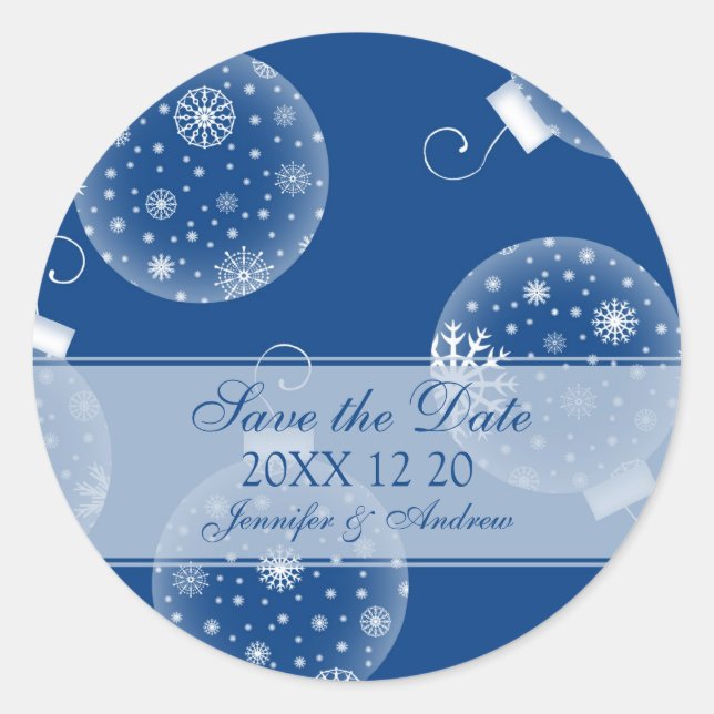 Blue White Save the Date Winter Wedding Stickers (Front)