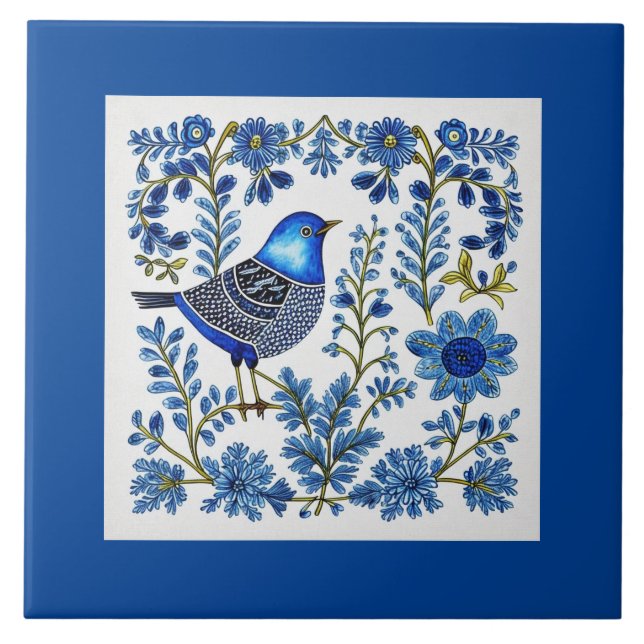 Blue & White Scandi inspired folk art Tile (Front)