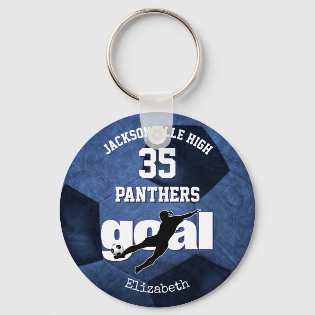 blue white school team sports girls soccer keychain (Front)
