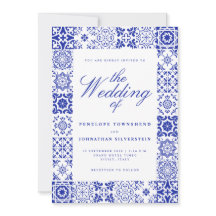Blue White Script Italian Tile Double Side Wedding