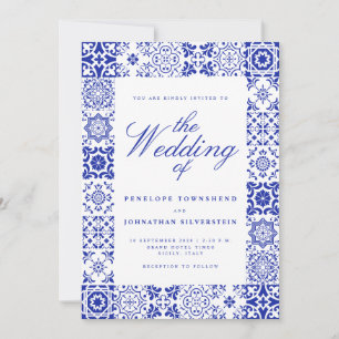 Blue White Script Italian Tiles Wedding Invitation