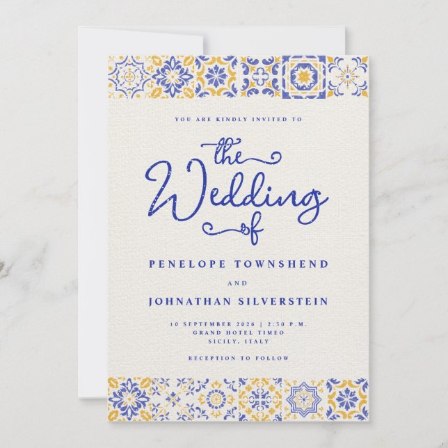 Blue White Script Italian Tiles Wedding Invitation (Front)