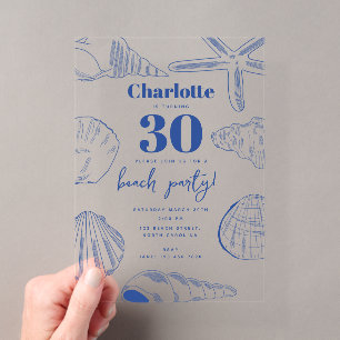 Blue White Sea Shells Beach Summer Birthday Party Acrylic Invitations