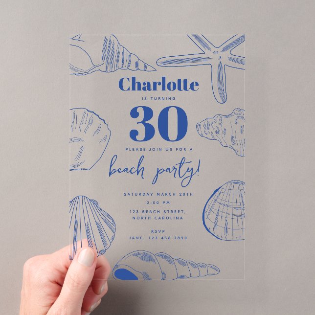 Blue White Sea Shells Beach Summer Birthday Party Acrylic Invitations (Insitu (Handheld))