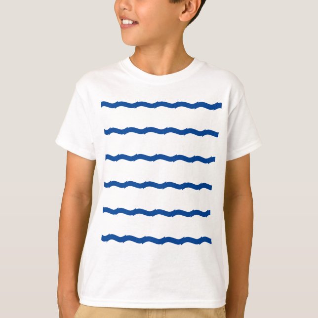 Blue white sea waves stripes nautical pattern T-Shirt (Front)