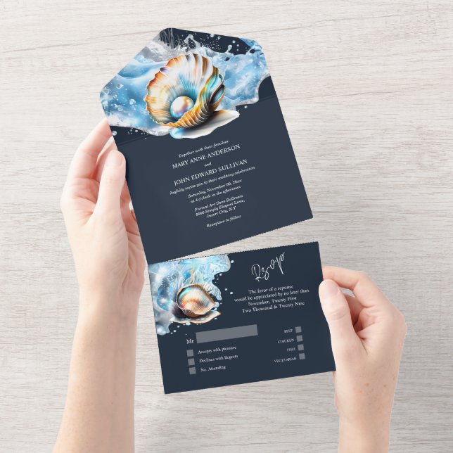 Blue white seashell pearl ocean waves chic all in one invitation (Tearaway)