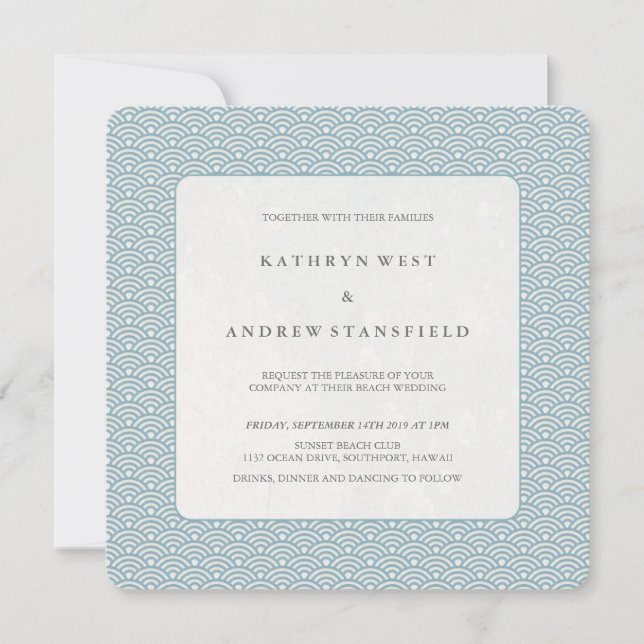 Blue + White Seigaiha Pattern Wedding Invitation (Front)