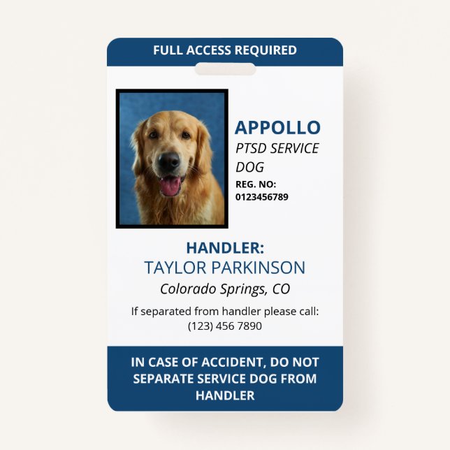 Blue White Service Dog Photo ID Badge (Front)