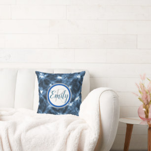 Blue & White Shibori Circle Tie Dye Monogram Name Throw Pillow