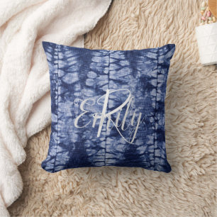 Blue & White Shibori Leaves Tie Dye Monogram Name Throw Pillow