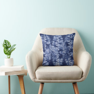 Blue & White Shibori Leaves Tie Dye  Throw Pillow