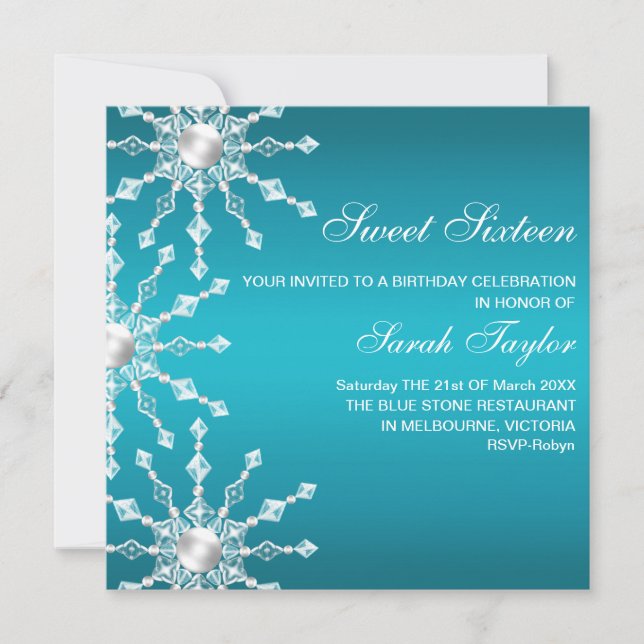 Blue & White Shimmer Snowflake Birthday Invite (Front)