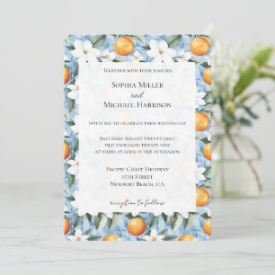 Blue White Sicilian Summer Floral Oranges Wedding Invitation