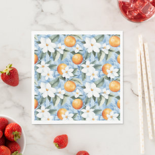 Blue White Sicilian Summer Floral Oranges Wedding Napkin