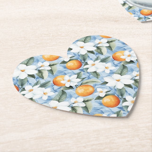 Blue White Sicilian Summer Floral Oranges Wedding Paper Coaster (Angled)