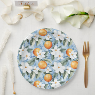 Blue White Sicilian Summer Floral Oranges Wedding Paper Plate