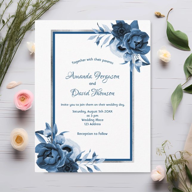 Blue white silver florals wedding invitation postcard (Creator Uploaded)
