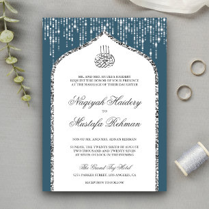 Blue White Silver Glitter Arch Muslim Wedding Invitation