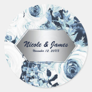 Blue White Silver Winter Wedding Vintage Roses Classic Round Sticker