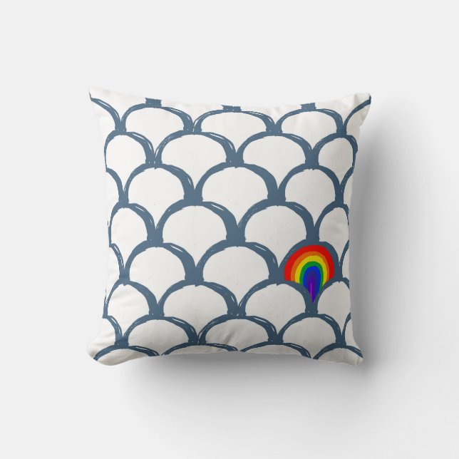 Blue & White Sketch Scallop Pattern & Rainbow  Throw Pillow (Front)