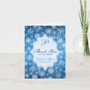 Blue, White Snow Flakes Photo Thank You Card