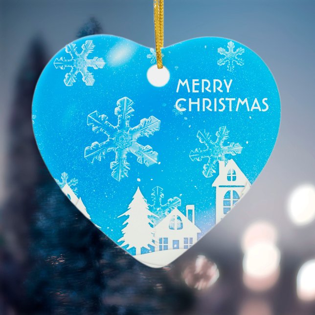 Blue White Snow House Christmas New Year 2023 Ceramic Ornament (Creator Uploaded)