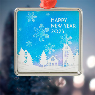 Blue White Snow House Happy New Year 2023 Metal Ornament