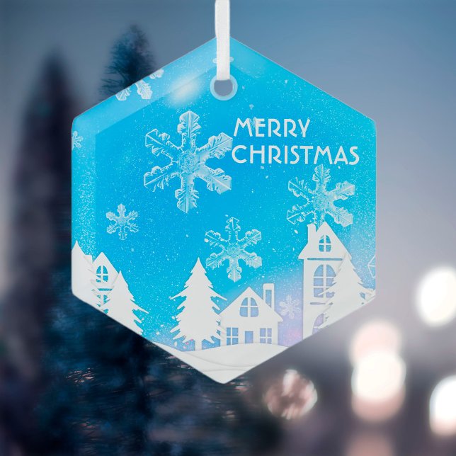 Blue White Snow House Merry Christmas Glass Ornament (Creator Uploaded)