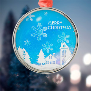 Blue White Snow House Merry Christmas  Metal Ornament