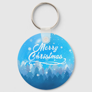 Blue White Snow Peaceful Forest Merry Christmas  Keychain