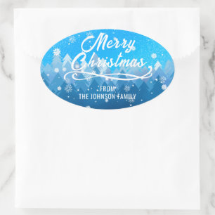 Blue White Snow Peaceful Forest Merry Christmas  Oval Sticker