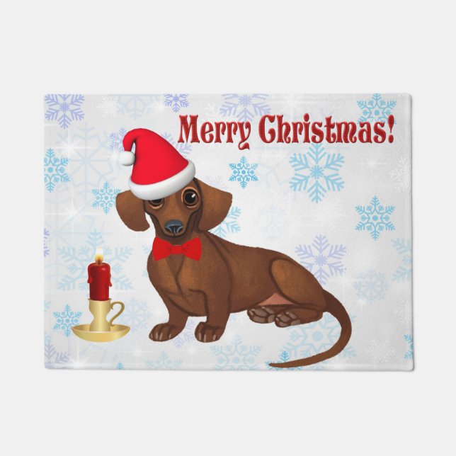Blue & White Snowflake Dachshund Christmas Doormat (Front)