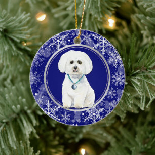Blue White Snowflake Maltese Dog Christmas Ceramic Ornament