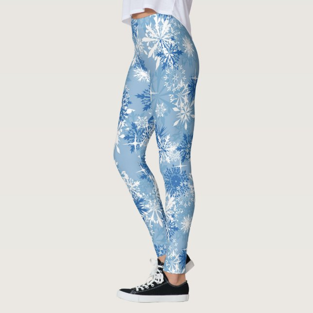 Blue white snowflake pattern Christmas leggings (Left)