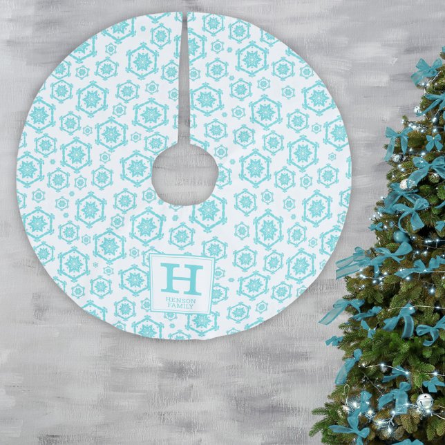 Blue White Snowflake Pattern Family Monogram Brushed Polyester Tree Skirt (Creator Uploaded)