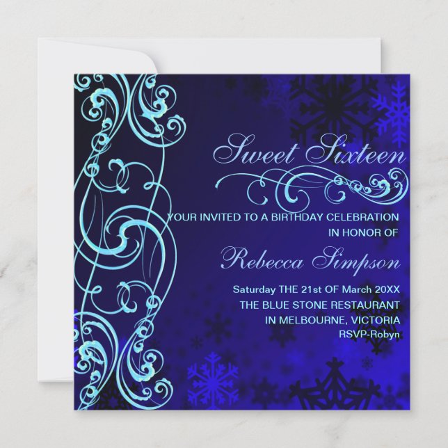 Blue/White Snowflake Swirl Sweet16 Birthday Invite (Front)