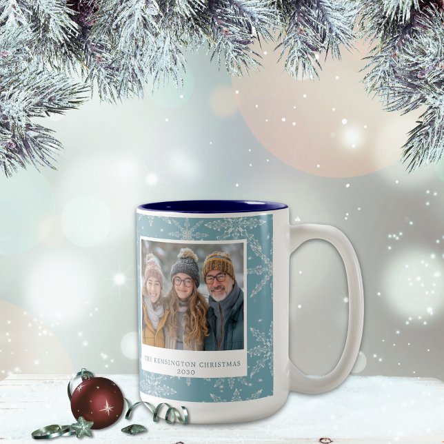 Blue & White Snowflake Two-Tone Coffee Mug (Blue and white snowflake Christmas mug.)
